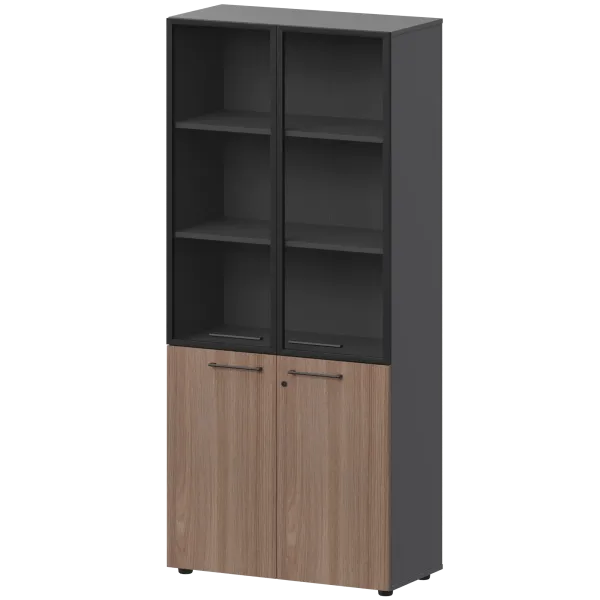 Шкаф высокий закрытый с стеклом в алюминиевой раме Кортез СМШ58.28F.38RSМ(Ч) Темный шимо/Графит