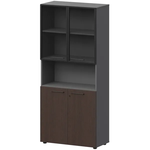 Шкаф высокий полузакрытый с стеклом в алюминиевой раме Кортез СМШ58.28F.28RS(Ч) Дуб венге/Графит