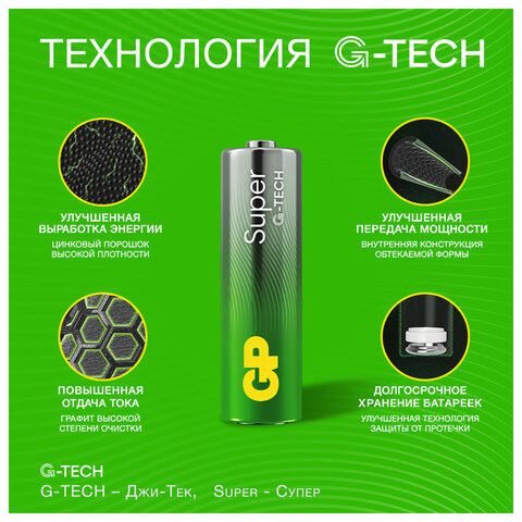 Батарейки КОМПЛЕКТ 4 шт., GP Super G-Tech, AA (LR6, 15А), алкалиновые, пальчиковые, блистер, 15A-2CR4