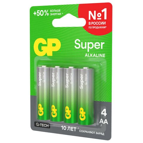 Батарейки КОМПЛЕКТ 4 шт., GP Super G-Tech, AA (LR6, 15А), алкалиновые, пальчиковые, блистер, 15A-2CR4