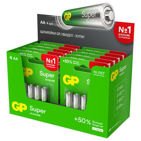 Батарейки КОМПЛЕКТ 4 шт., GP Super G-Tech, AA (LR6, 15А), алкалиновые, пальчиковые, блистер, 15A-2CR4