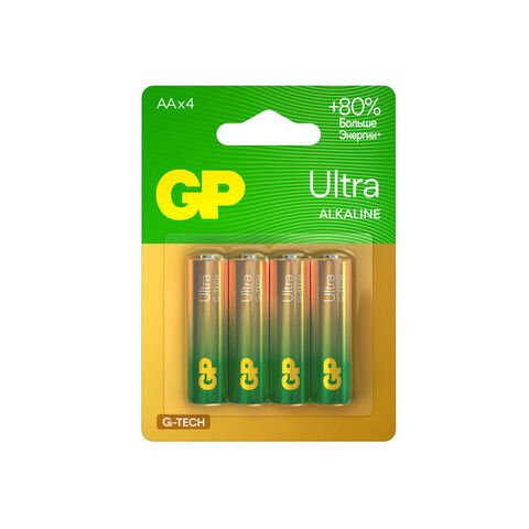 Батарейки КОМПЛЕКТ 4 шт., GP Ultra G-Tech, AA (LR6, 15А), алкалиновые, пальчиковые, 15AUA21-2CRSBC4